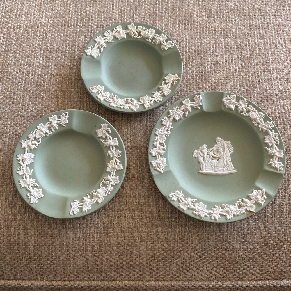 Wedgwood Sage Green Jasperware Ashtrays with White Relief